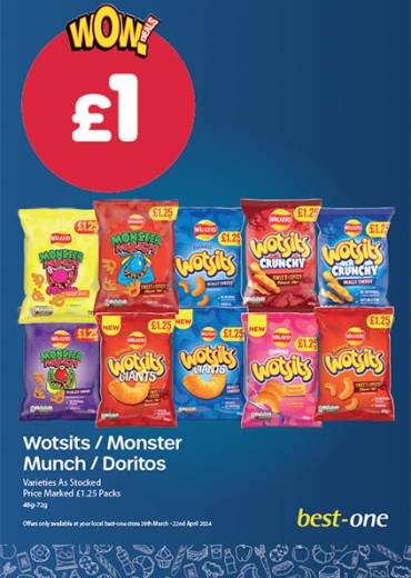Wotsits / Monster Munch / Doritos Varieties As Stocked Price Marked £1.25